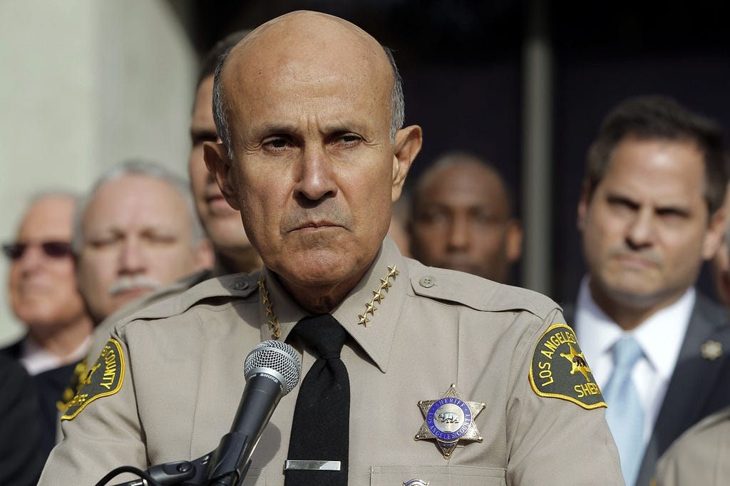 Former L.A. County Sheriff Lee Baca at a press conference regarding his numerous inmate-abuse and corruption scandals