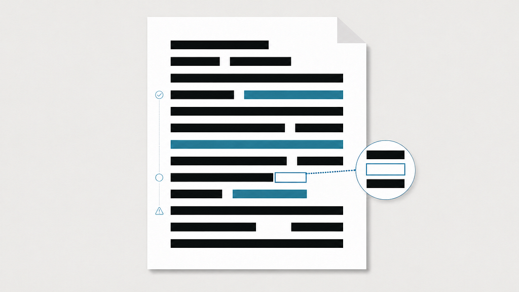 A redacted document with most lines blacked out and a few highlighted in teal. A magnifier on the right shows a small unredacted gap between two black bars, indicating a missed redaction.