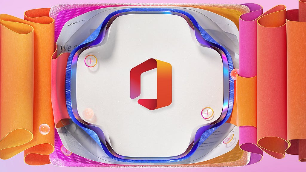 A creative rendering of the new Microsoft Office icon surrounded by a range of colorful sheets of paper and metallic, flexible acrylic.