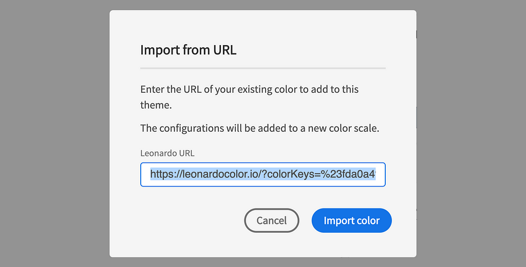 Dialog titled Import from URL with description to use Leonardo URL. Input with URL entered and buttons cancel and import colo