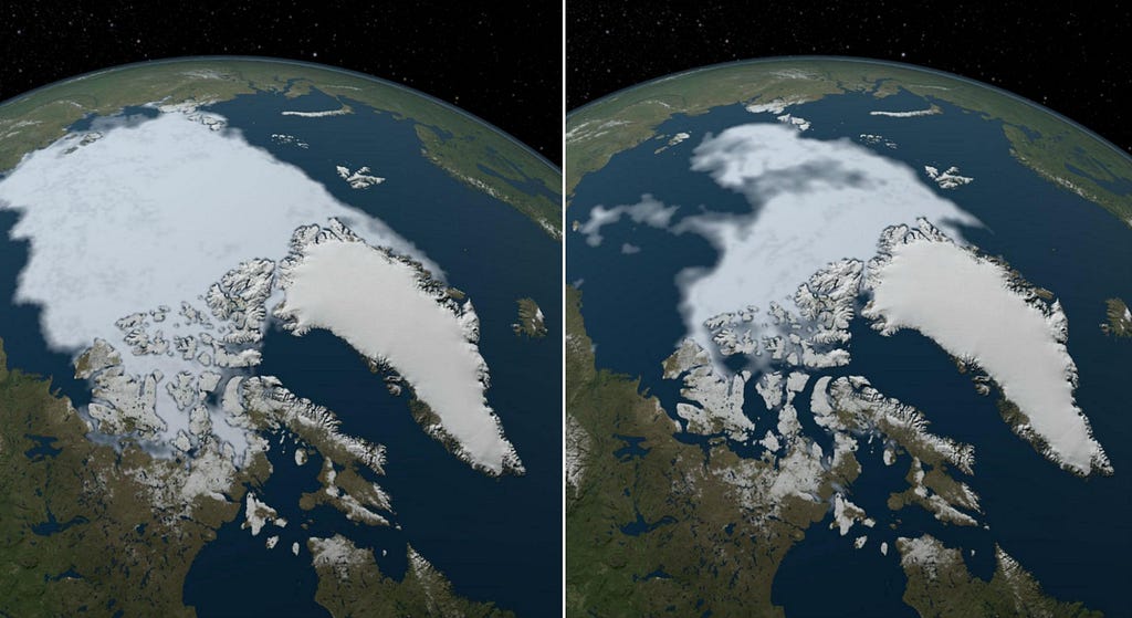 imagens comparativas do ártico em 1994 e 2012