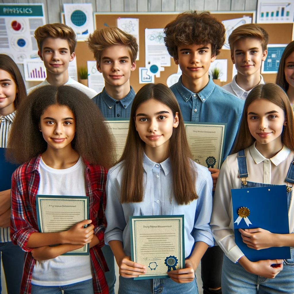 ChatGPT. Proud and successful young physics researchers, standing together with confident smiles and holding certificates or awards.