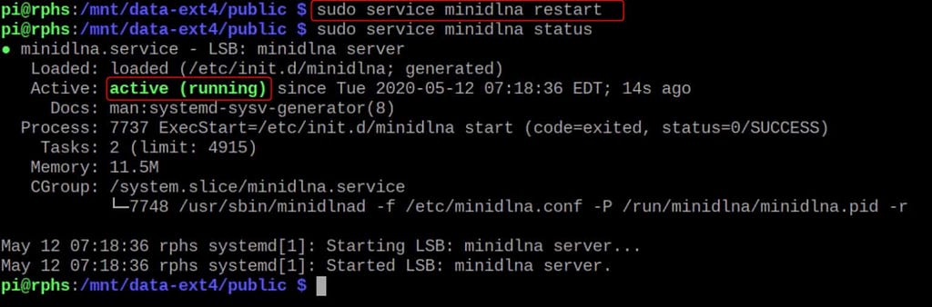 Restart the minidlna service