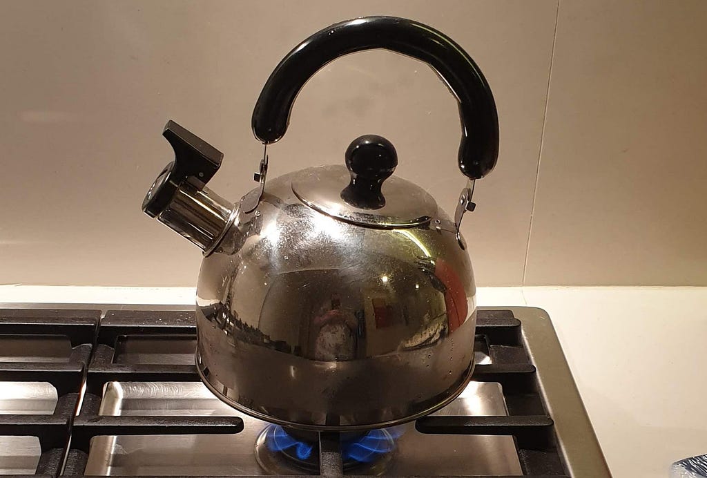 A metal stovetop kettle with a black handle and whistle on a lit gas hob