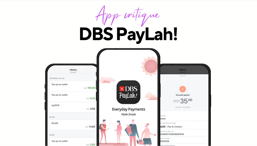 DBS PayLah intro screen, a payment receipt successful screen and the transaction history screen.