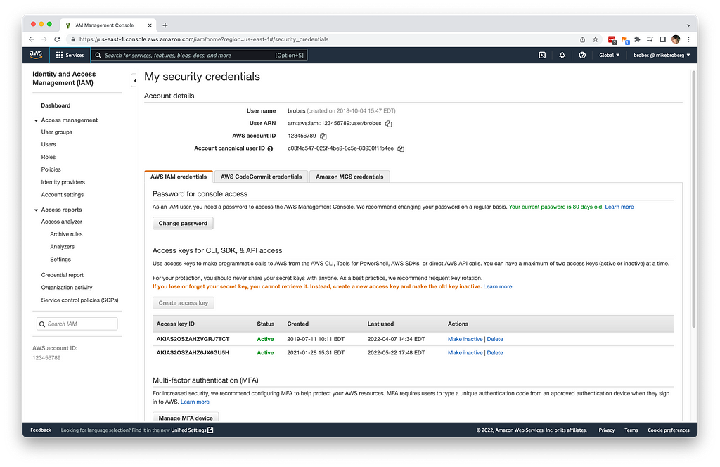 Screenshot of the IAM security credentials section in the AWS console