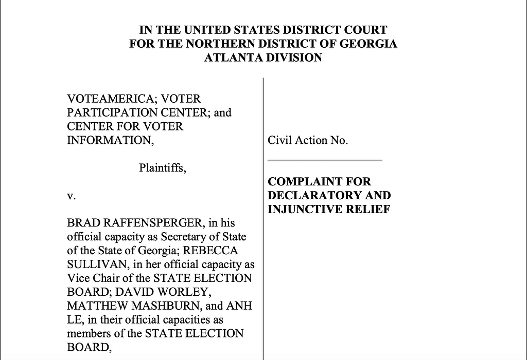 The first page of the lawsuit VoteAmerica filed against the State of Georgia.