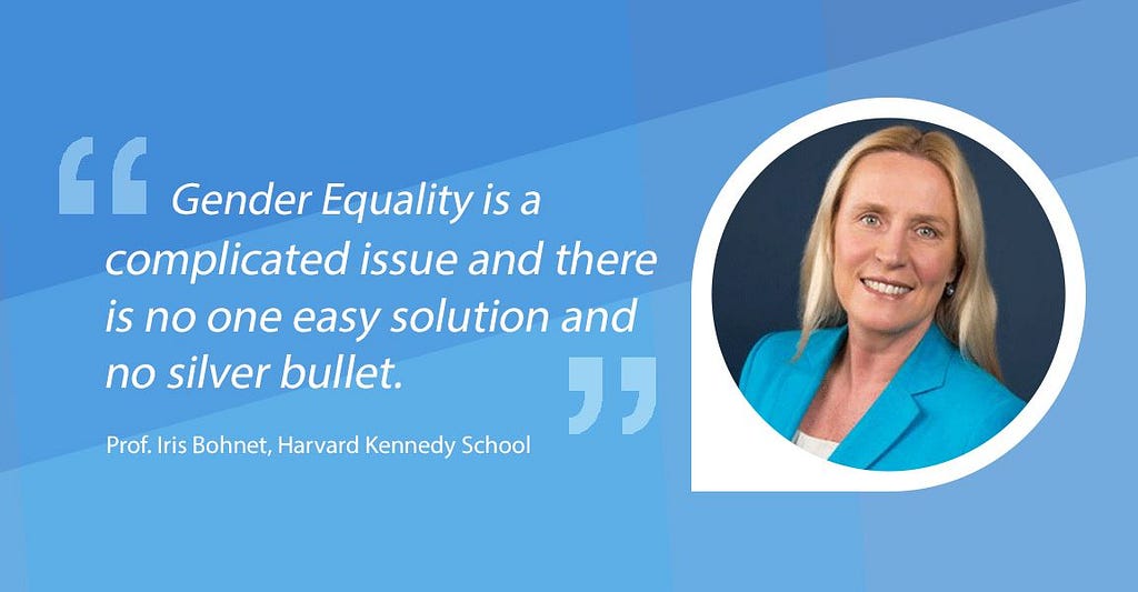 A blue background with white text that reads: “Gender Equality is a complicated issue and there is no one easy solution and no silver bullet.” — Prof. Iris Bohnet, Harvard Kennedy School
