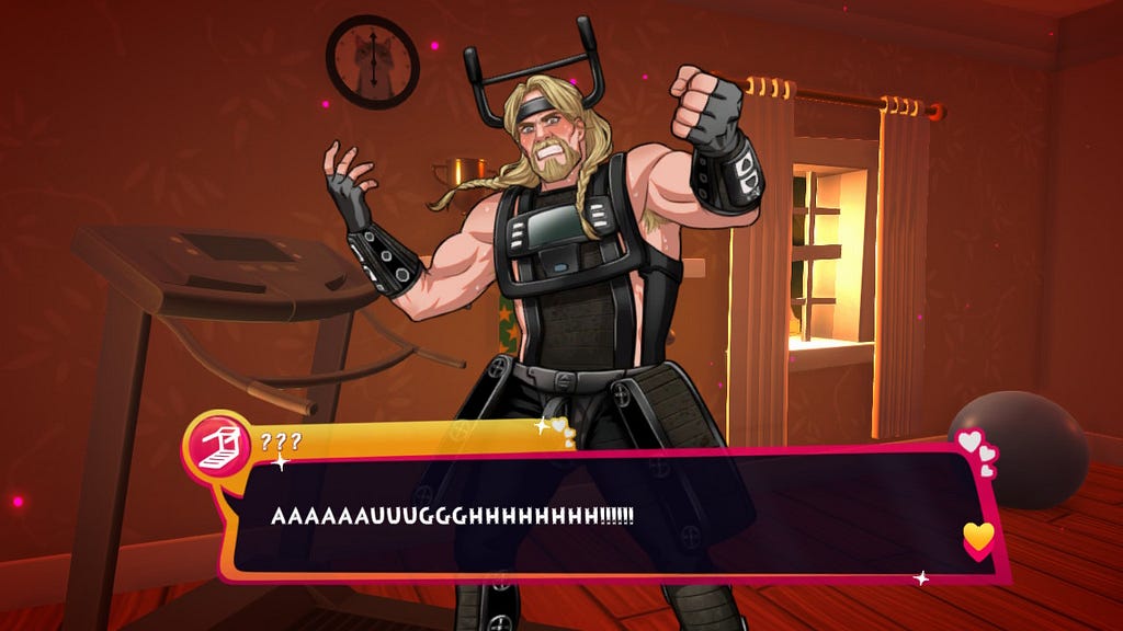 A man looking like a viking rocker with long blond braided hair, wearing a headdress that is the bars of a cross trainer. He’s raising his hands and shouting.