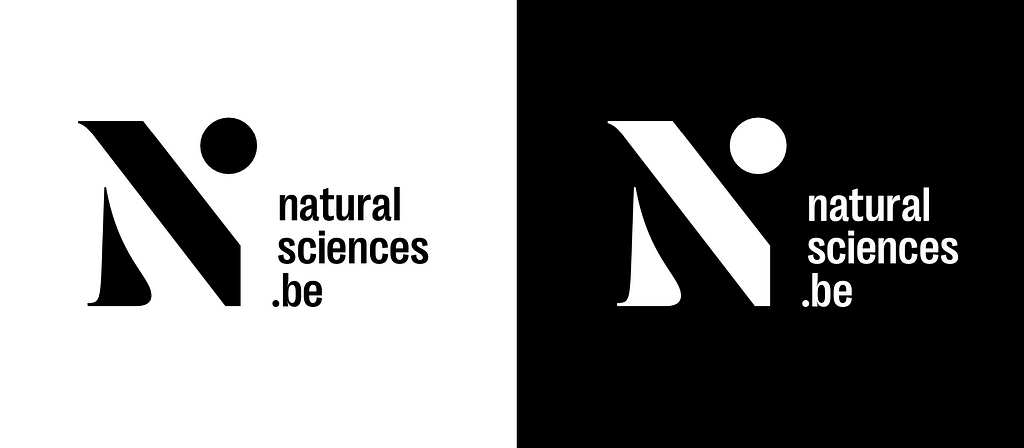 Logo of the Institute of Natural Sciences in two versions, one on a white background and the other on a black background, featuring a stylized serif letter ’N’ with a dot above to the right, alongside the text ‘natural sciences.be’.