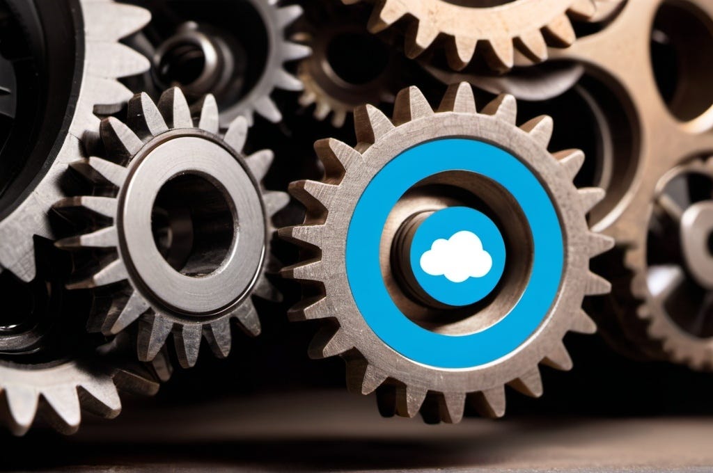 A set of gears, one containing the Salesforce logo within