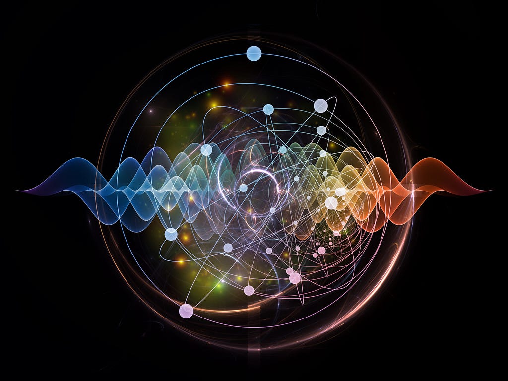 Abstract concept of atom and quantum waves illustrated with fractal elements.