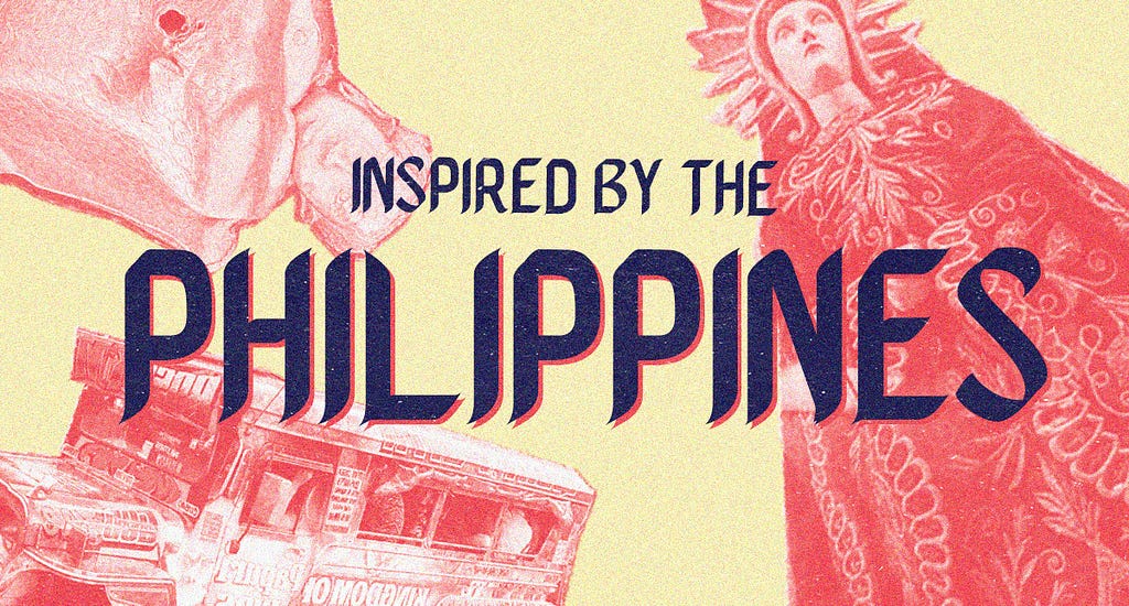 A yellow and pink banner image saying “Inspired by the Philippines” with collaged images of the Virgin Mary, jeepneys and the goddess kinnari