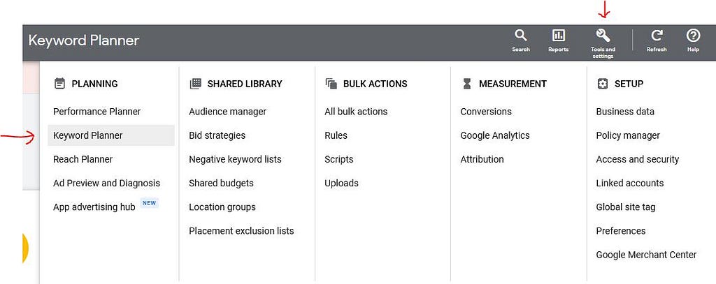 Menu locating the Keyword Planner.