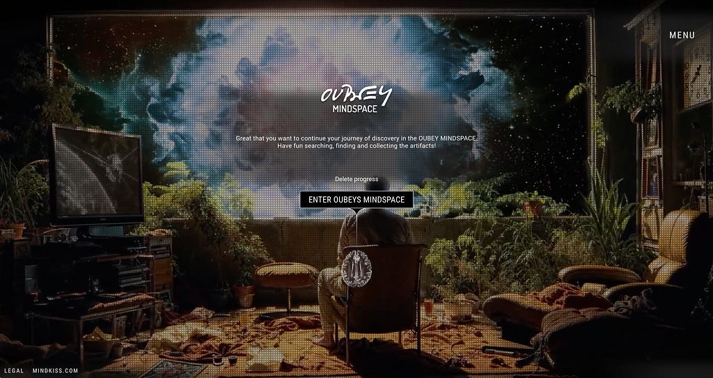 A cozy room with a nature theme has a person sitting in a chair facing a starry sky mural. Plants surround a window showing a space scene. Buttons read “Enter OUBEY’s Mindspace.”