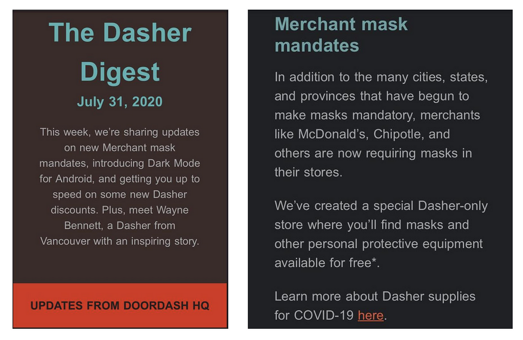 A doordash update for dashers on compulsory mask wear and a free shop for masks and PPE