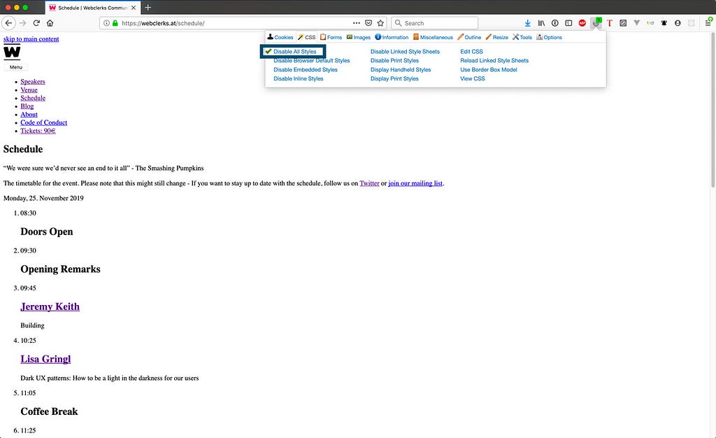 Страница расписания на сайте webclerks.at с отключённым CSS