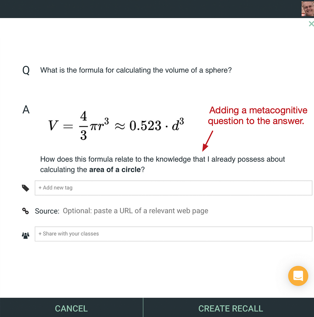 Image from the iDoRecall.com user interface depicting the use of a metacognitive question in the answer of a flashcard,