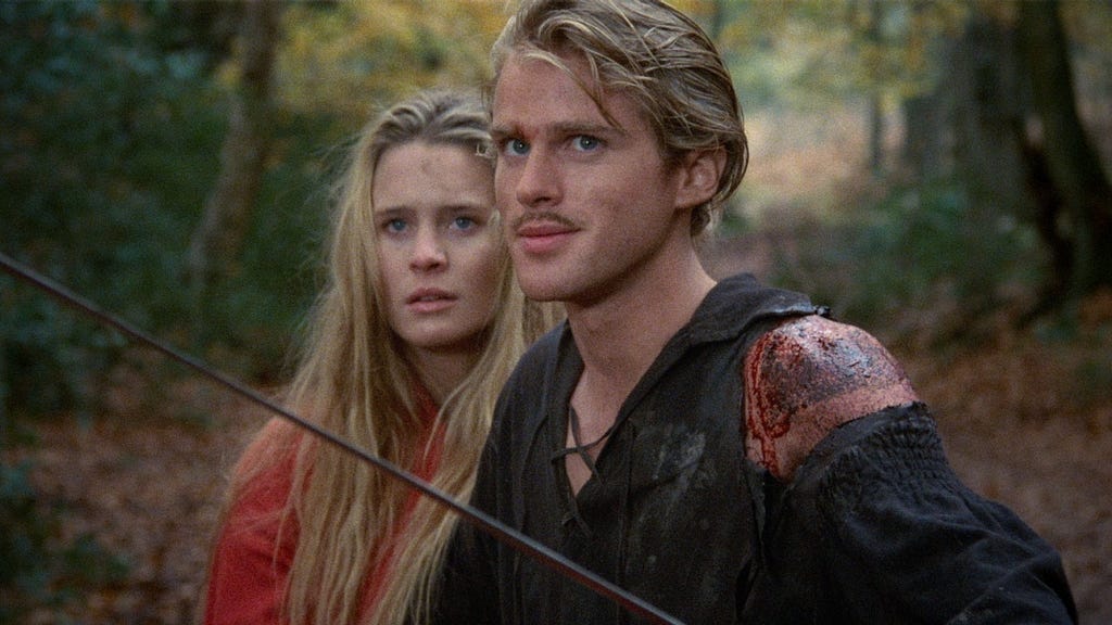 A still frame from the movie The Princess Bride featuring Westley and Princess Buttercup