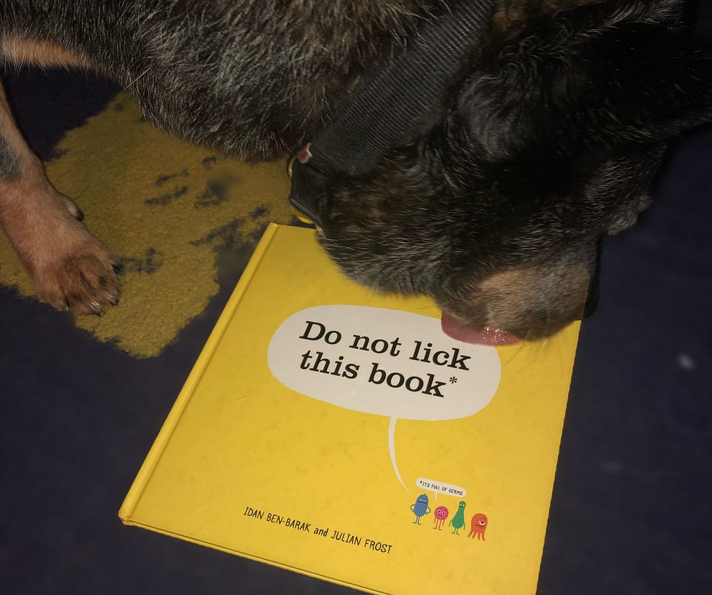 Blue Heeler licking a book titled “Do Not Lick This Book”