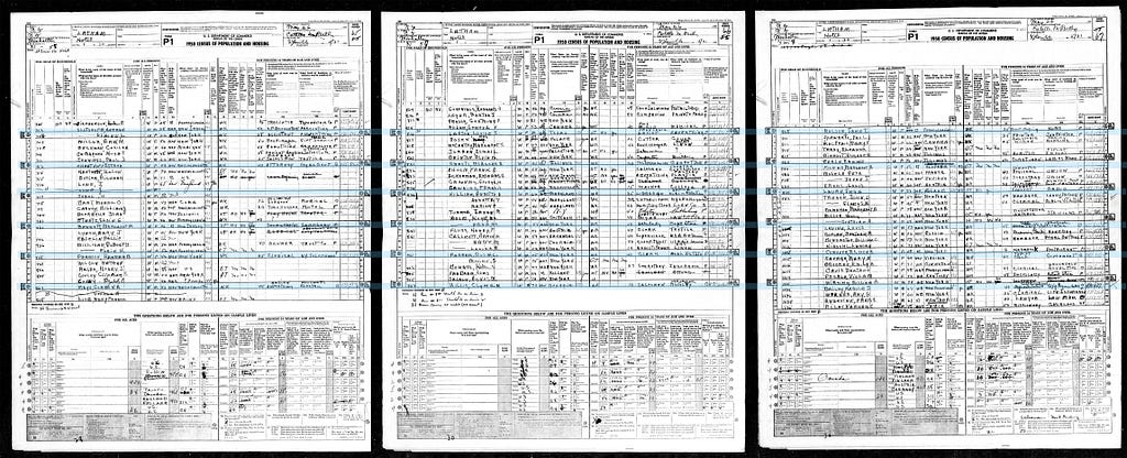 Three sheets are set side by side. Two lines highlight how the bolded sample lines are all found the exact same places on the papers.