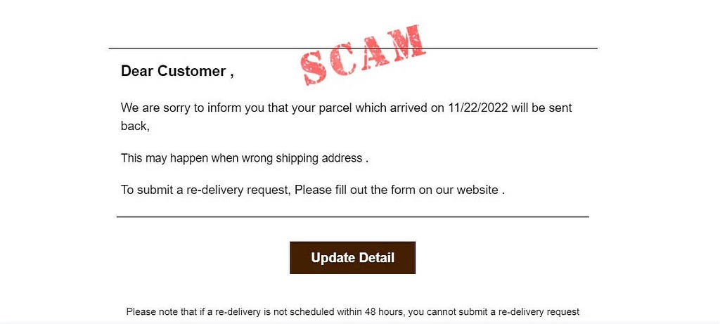 Screenshot of typical parcel delivery scam email.