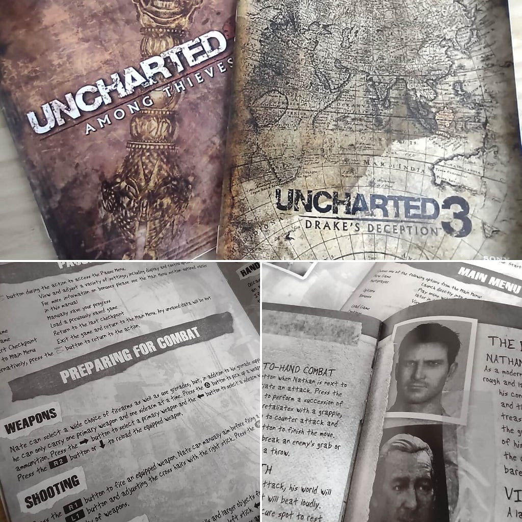 Photogrphs of the Uncharted 2 and Uncharted 3 game manuals