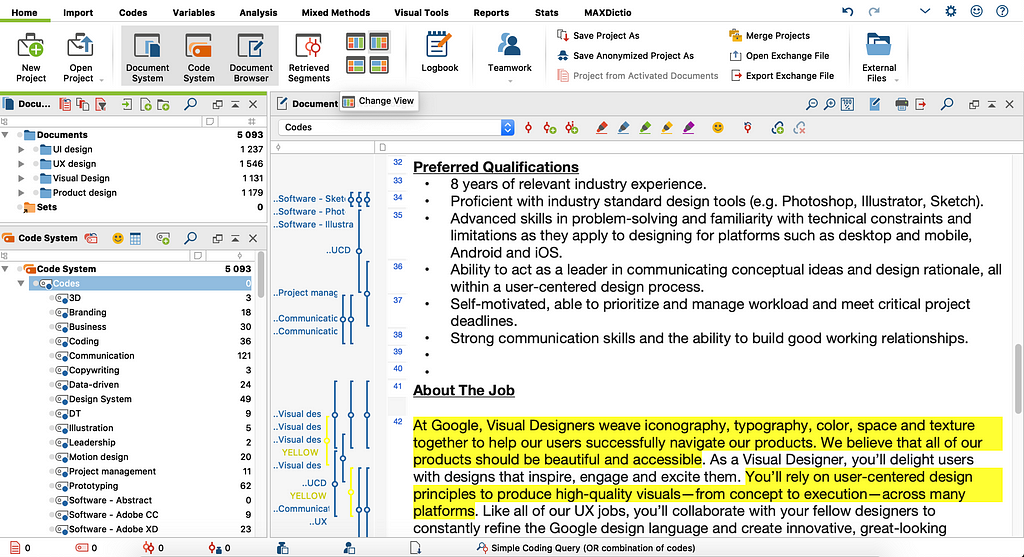 A screenshot of MAXQDA, software used for data analysis
