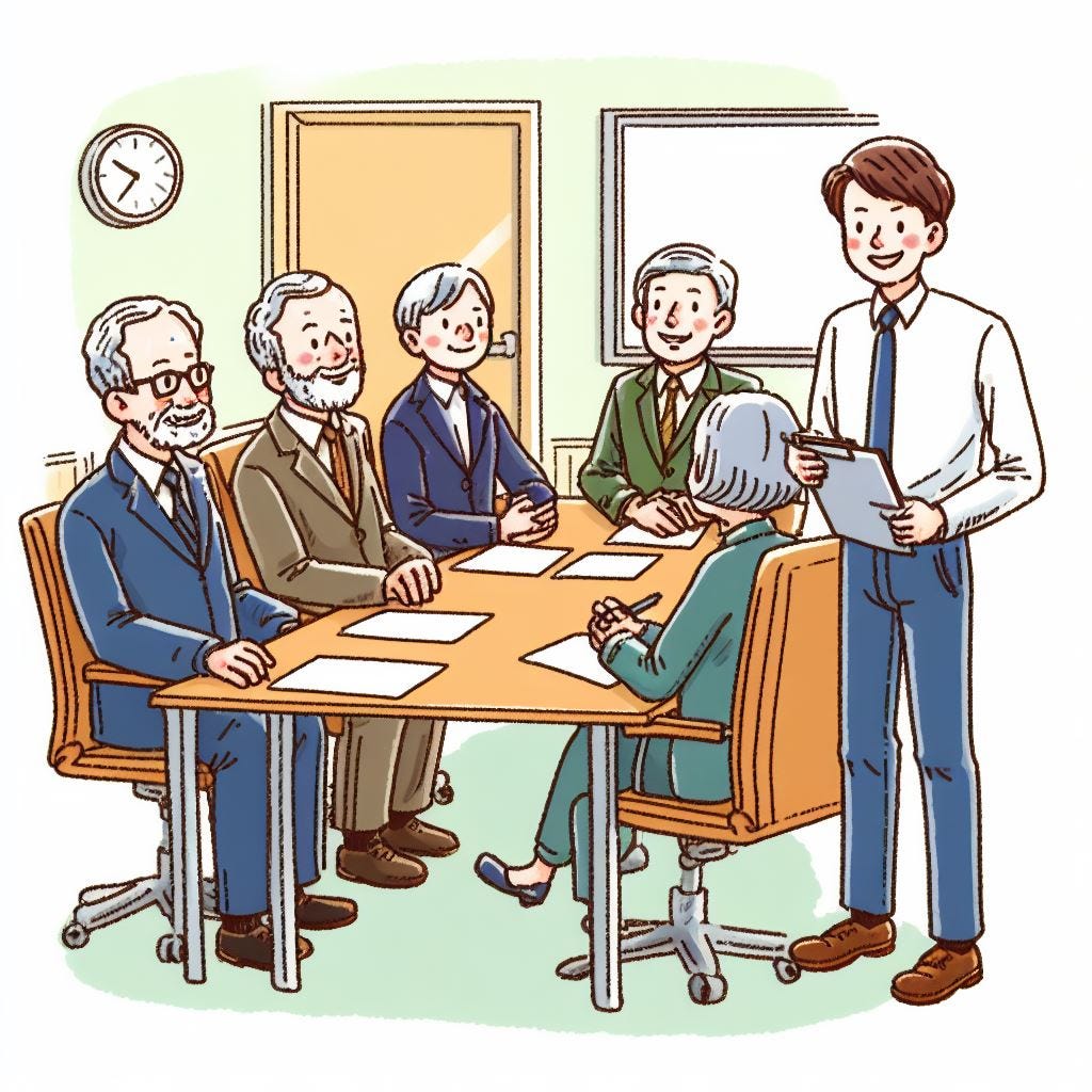 Picture of a young Manager conducting a meeting with senior staff members — drawing by AI Dall-e-2