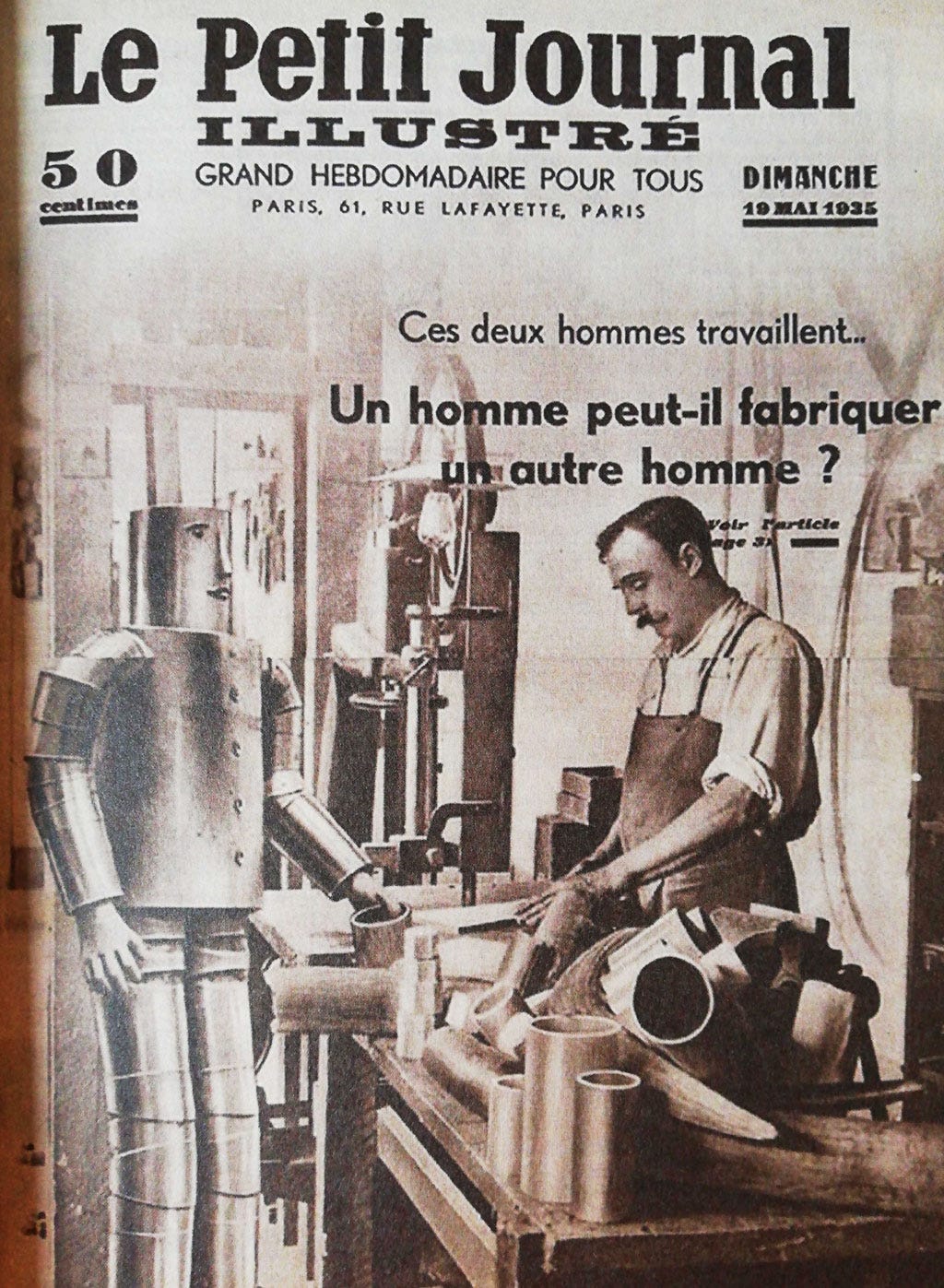 Cover of the “Le Petit Journal illustré” of May 1935, illustrating two workers, a man of flesh and bone and a humanoid of iron. The one building the other.