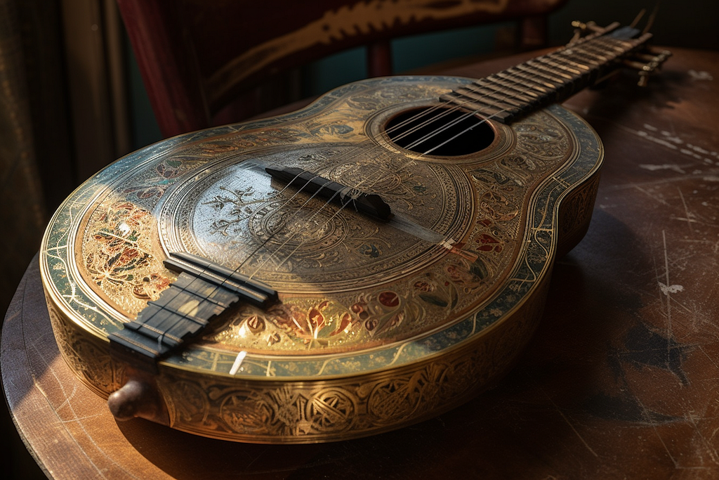 Beautiful, ornate lute made of gold.