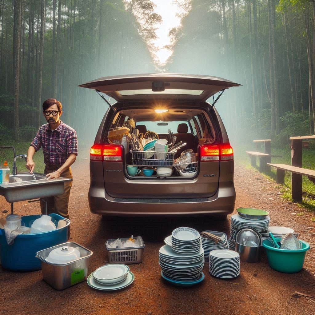 a minivan camper at a campsite with a sink washing dirty dishes