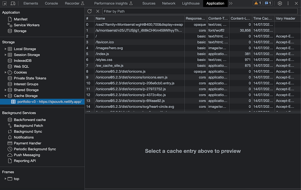 Checking the cache storage using the Chrome dev tools