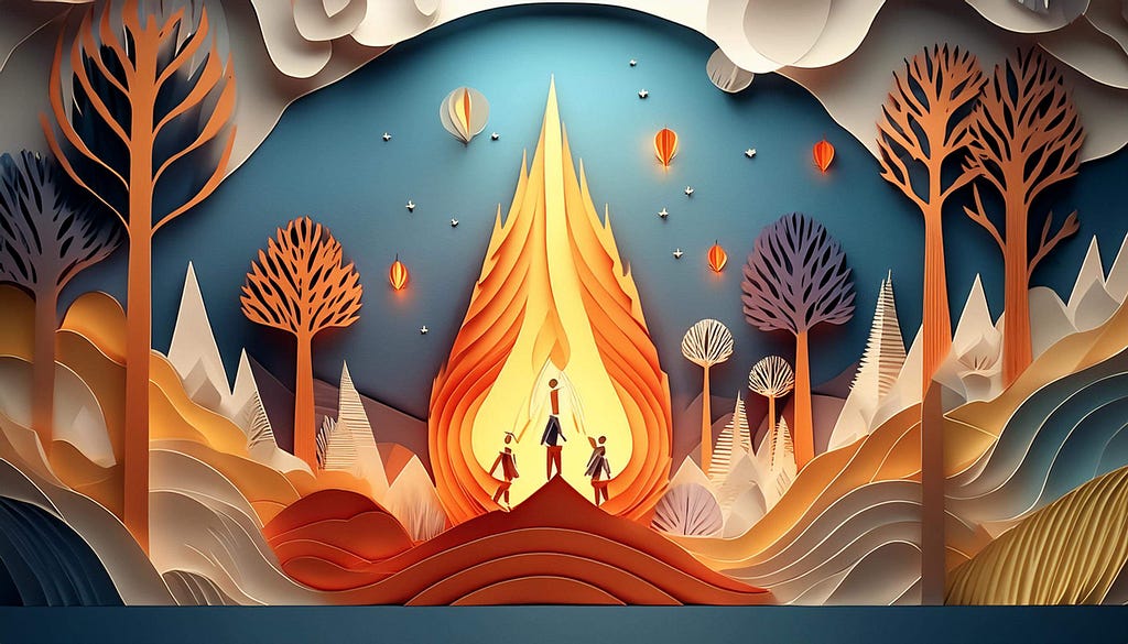 A vibrant, stylized paper-cut art scene shows three silhouetted figures standing atop a hill, with a large, bright, flame-like shape rising behind them. Surrounding the scene are tall, abstract trees in shades of orange and purple, set against a dark blue sky. Hot air balloons and stars are scattered in the sky, adding a whimsical touch. The landscape features layered, wavy patterns in warm colors, creating a dynamic and dramatic atmosphere.