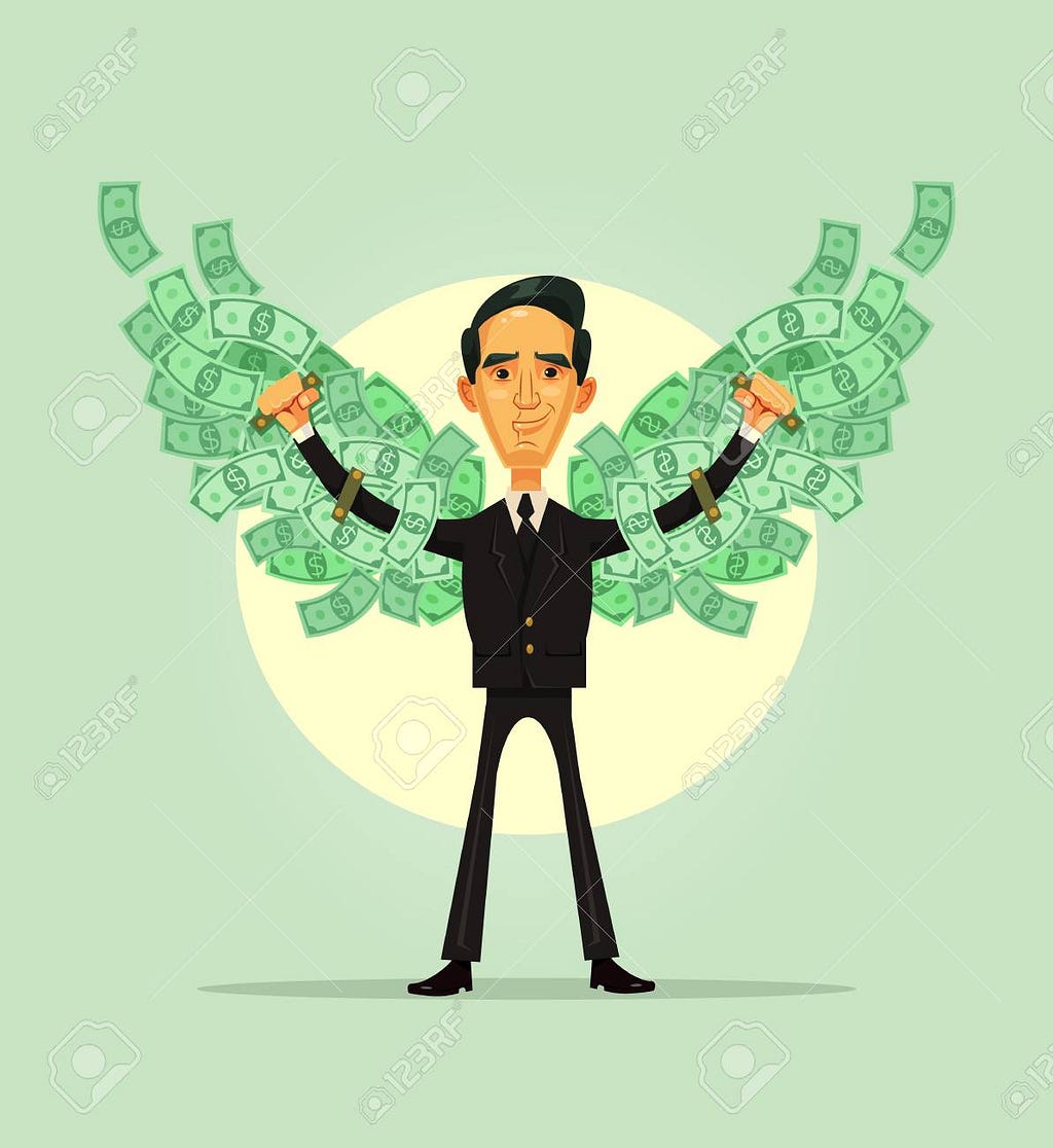 An animated man standing with cash in hand