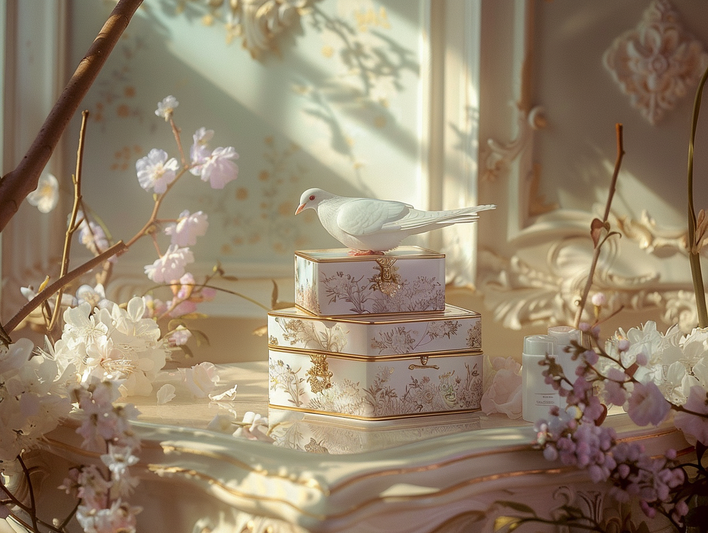 a set of 3, cosmetic package box design, Dusty periwinkle, white dove, antique brass, sitting on a luxurious table, beautiful sunlight, flowers around, winter vibe