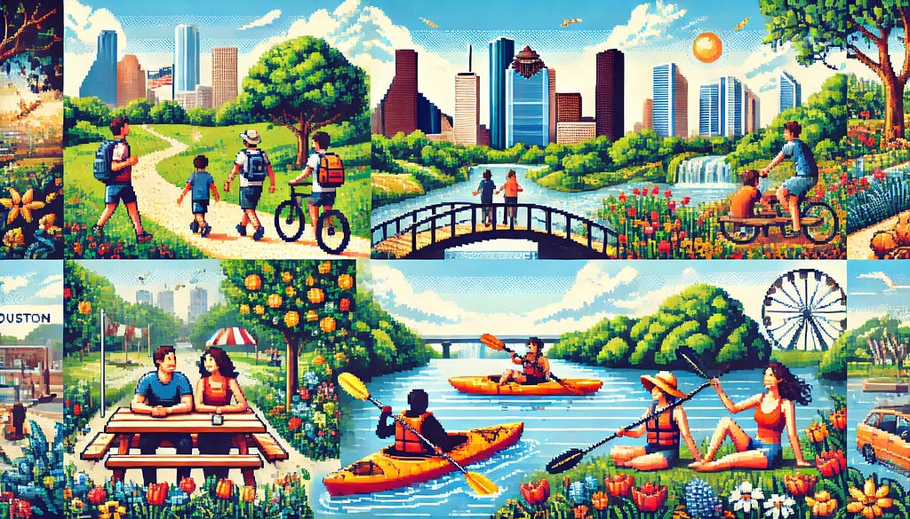 Pixel art of outdoor activities in Houston. People are hiking on trails, exploring lush gardens, kayaking on a river, and enjoying a picnic in a park. The scene includes diverse individuals and uses vibrant colors to depict the city’s warm climate and diverse landscapes, with clear skies and a few clouds enhancing the lively outdoor atmosphere.