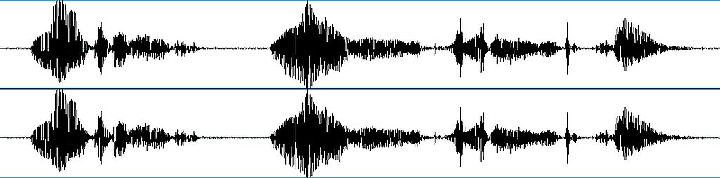 A picture of the two waveforms of a stereo recording of the article’s author reading out its name