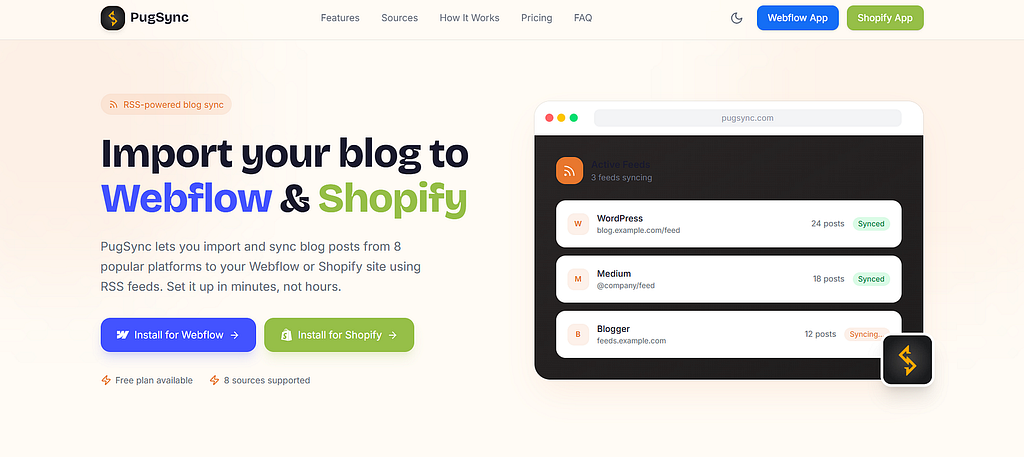 Pugsync is an app by Black Pug Studio that syncs and imports your blog posts to your Shopify or Webflow site using RSS feeds