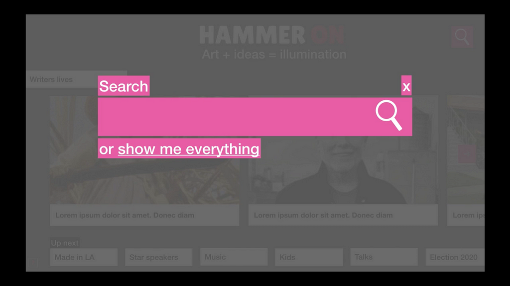Big pink search box with text ‘search or (link) show me everything’
