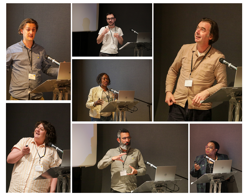 A collage showing 7 images of individuals speaking at a lectern.