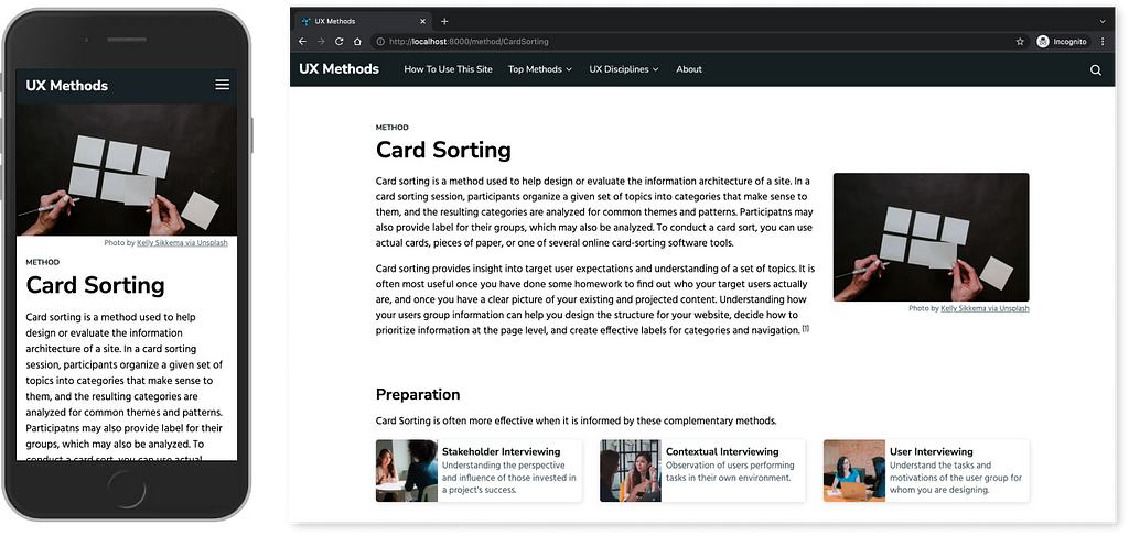 Mobile and desktop screen showing the UX Methods web interface visual design