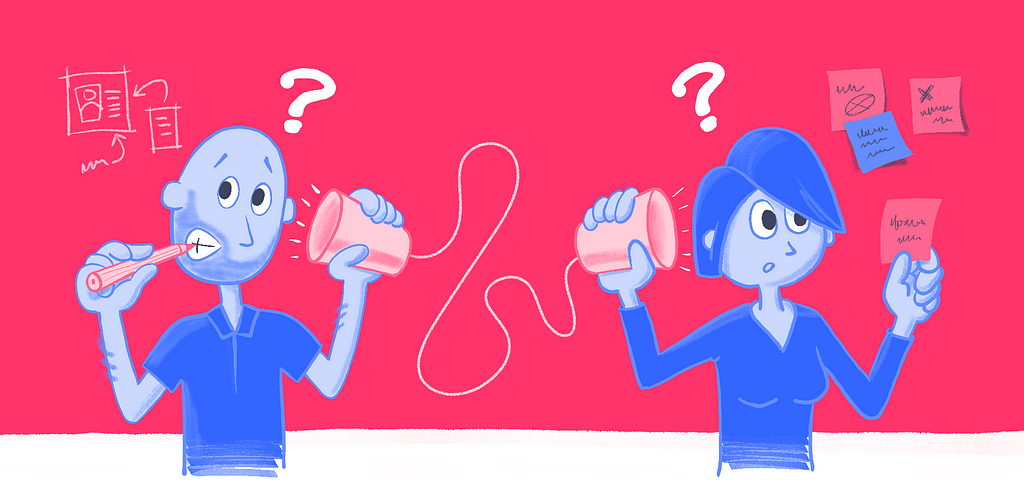 Illustration of two confused people using a tin can telephone to collaborate on design