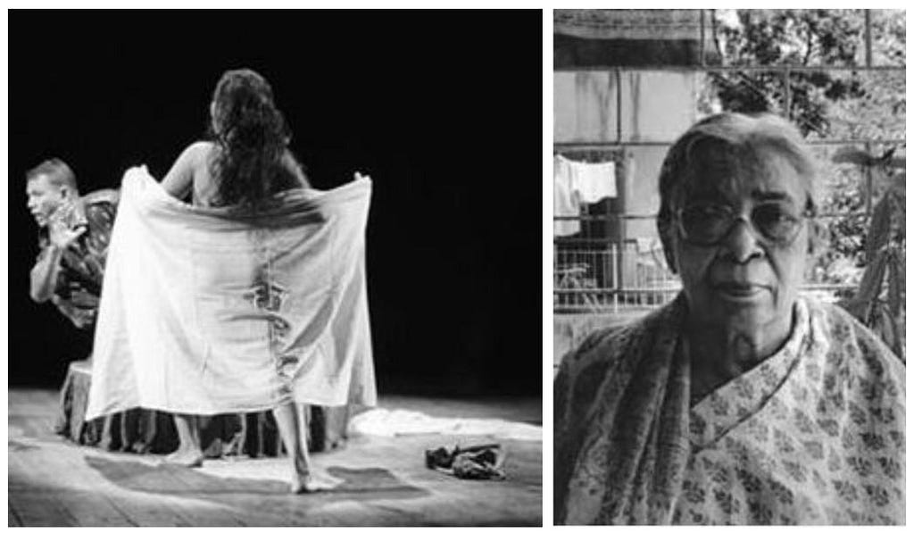 Left: Last scene of Draupadi where she refuses to be clothed after facing police brutality and retaliates with her body for the bodily oppression she suffered. Right: Mahasweta Devi