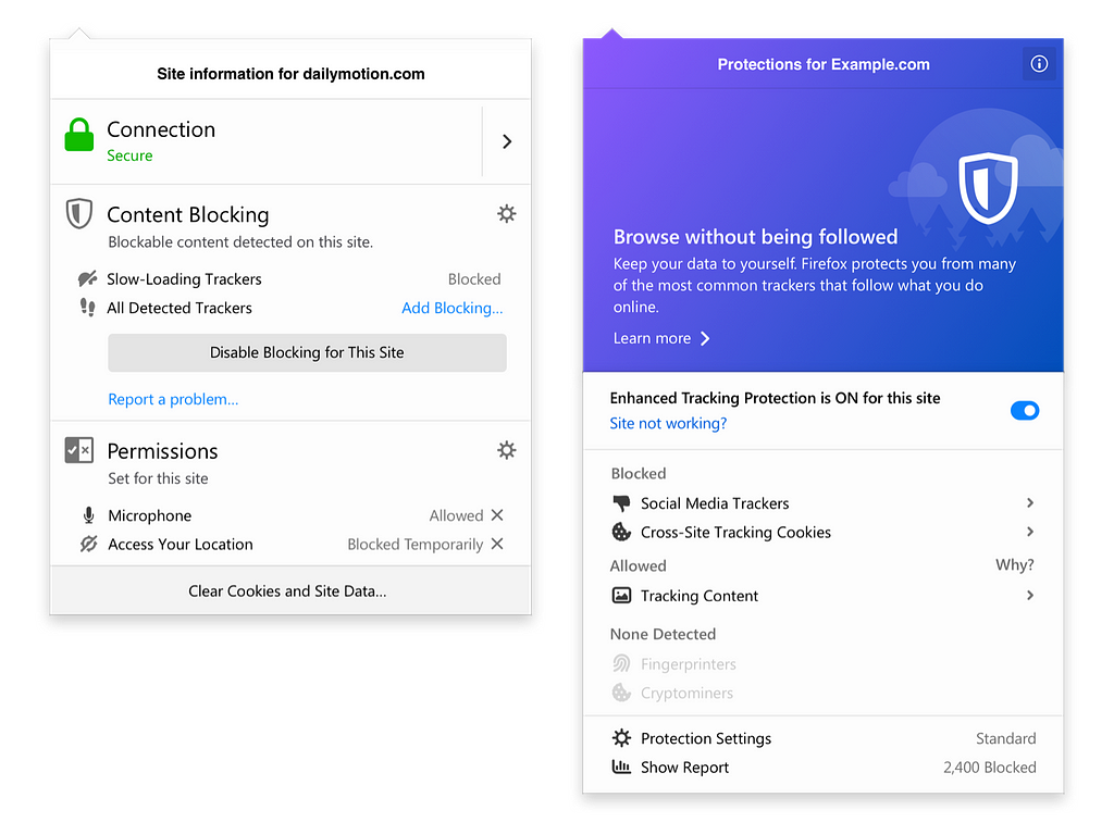 Image of the previous Content Blocking panel alongside the new Enhanced Tracking Protection Panel.