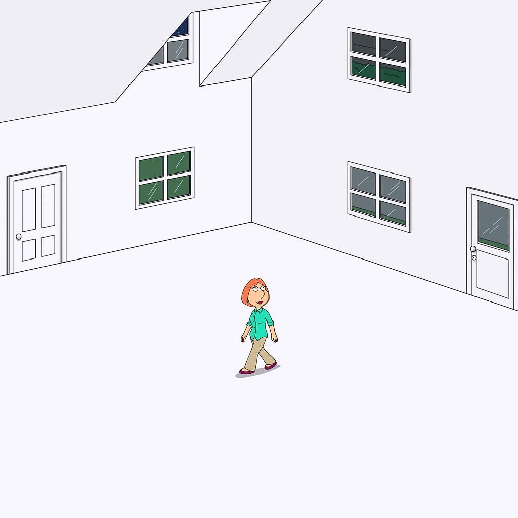 Picture of Lois griffin form the animated show “Family Guy” walking through an empty house