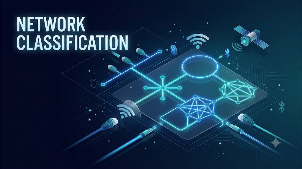 Classify network types based on physical topologies and connection types with diagrams.