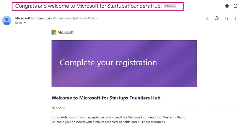 Email: Acceptance to Microsoft for Startups Founders Hub!