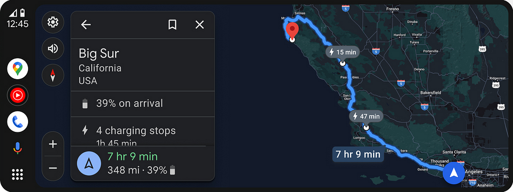 Map showing a route from Los Angeles to Big Sur including time estimation, charging stops and battery level