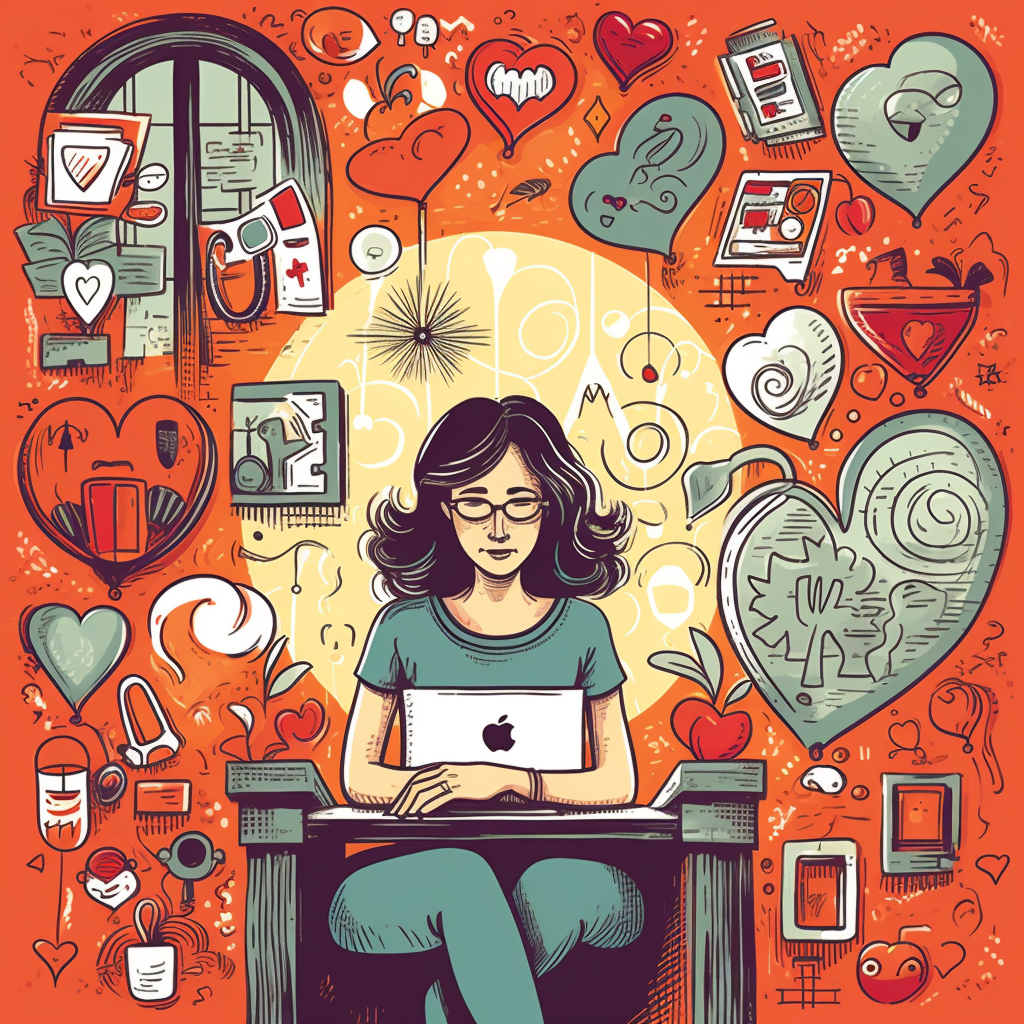 A lively illustration of a blogger, engrossed in writing, surrounded by thought bubbles filled with keys — symbolizing key strategies, coins — representing income, and hearts — indicating passion. The environment is a peaceful home office, with a window showing a sunny day outside, symbolizing optimism and opportunities. The style is a digital illustration, realized with bold outlines and vibrant colors to make the elements pop and convey the energetic vibe